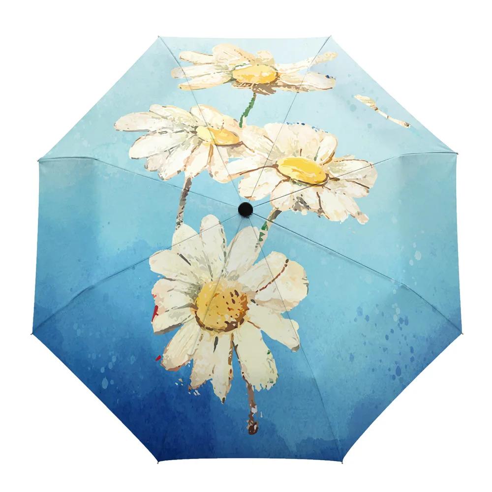 Daisy Flower Oil Painting Fully-automatic Umbrella for Outdoor Kids Adults Printed Umbrella Foldable Eight Strand Um